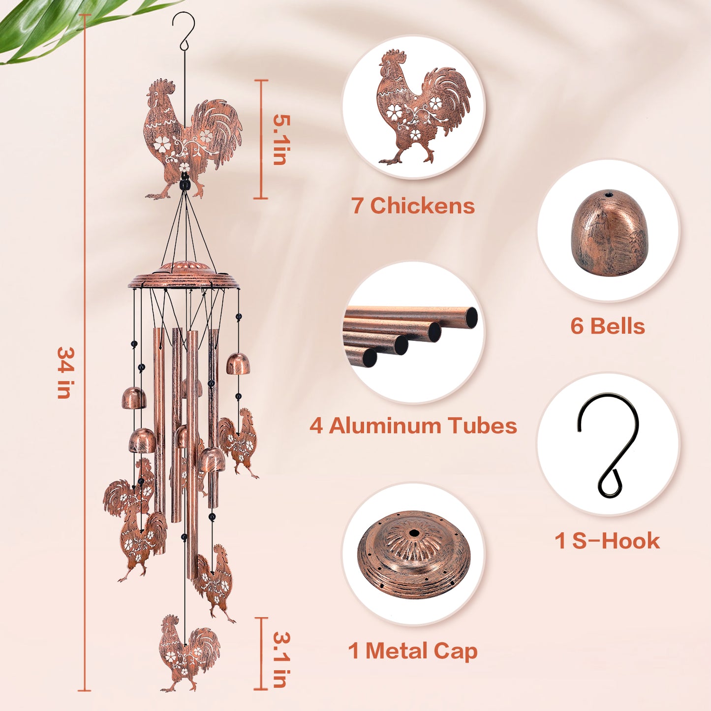 Chicken Wind Chimes Outdoor Chicken Gifts for Women/Men/Mom/Grandma Rooster Birthday Gifts Memorial Gift Metal WindChimes for Outside/Indoors, Home, Lawn, Porch, Patio, Garden Decor, Yard Decorations