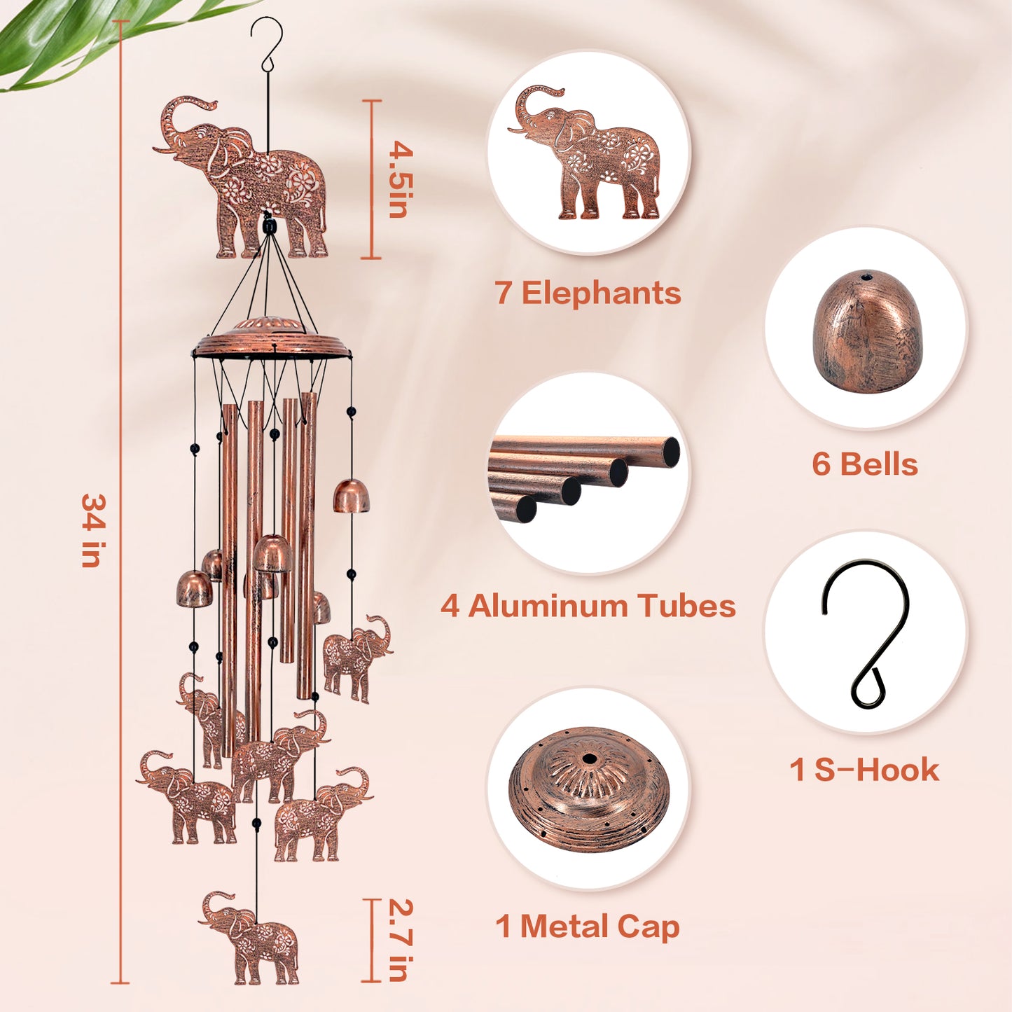 Elephant Wind Chimes Outdoor Elephant Gifts for Women/Men/Mom/Grandma/Wife Birthday Gifts Memorial Gift Metal WindChimes for Outside/Indoors, Home, Lawn, Porch, Patio, Garden Decor, Yard Decorations