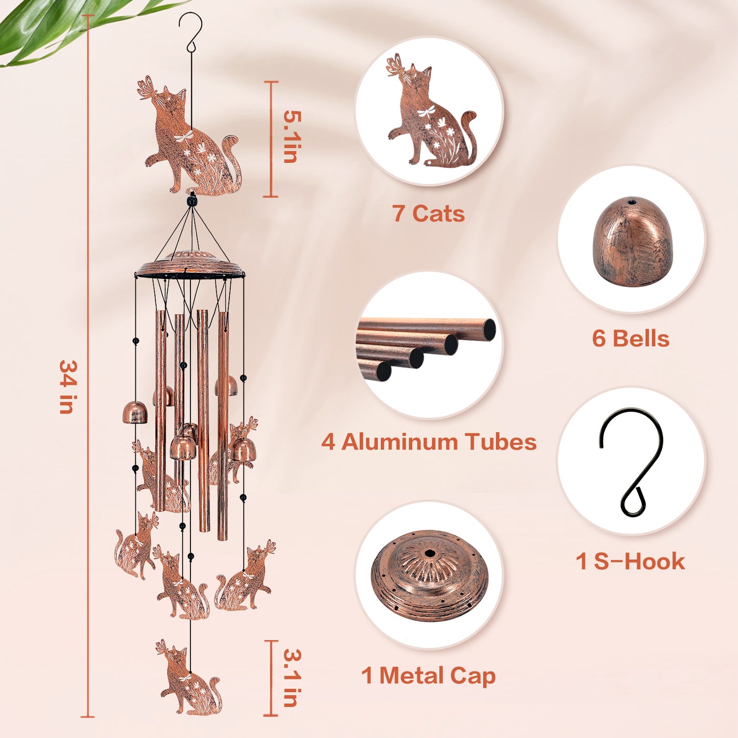 Cat Wind Chimes Outdoor Cat Gifts for Women/Men/Mom/Grandma/Wife/Friends Birthday Gifts Memorial Gift Metal WindChimes for Outside/Indoors, Home, Lawn, Porch, Patio, Garden Decor, Yard Decorations