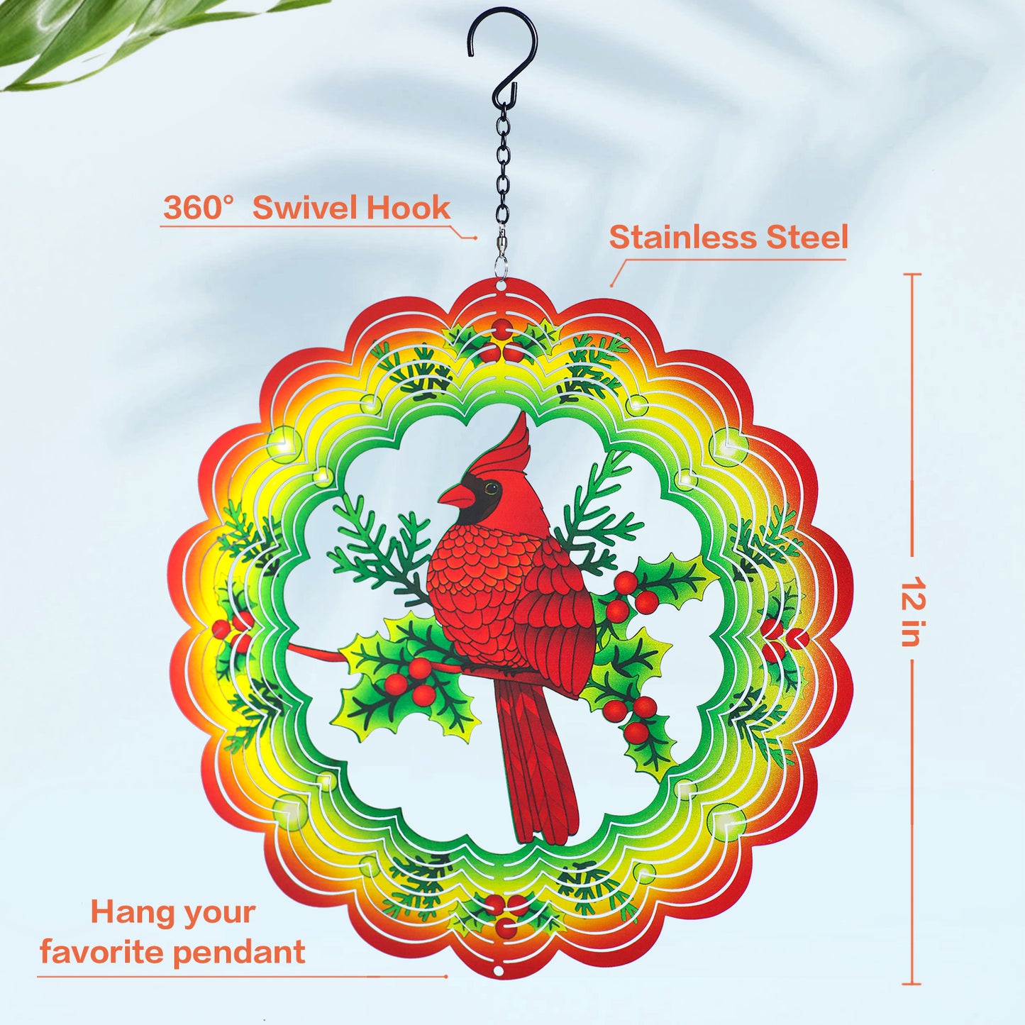 Cardinal Wind Spinners Cardinal Gifts for Women/Men 12 inch 3D Stainless Steel Hanging Wind Spinner Metal Bird Wind Catchers Kinetic Sculpture for Indoor/Outdoor Decor, Yard Art, Garden Decorations